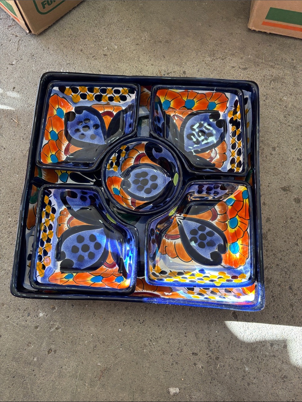 Hand-Painted Ceramic Snack Tray Set in Blue and Orange